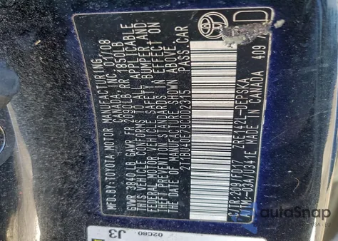 2009 Toyota Corolla Base z USA, uszkodzony, nr VIN 2T1BU40E79C002315